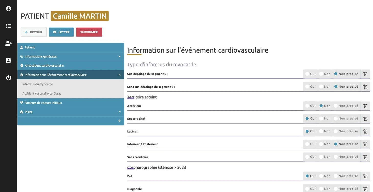 Formulaire de l’événement cardiovasculaire de Horus, avec sa sous-navigation