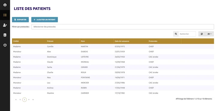 Liste des patients de Horus, filtrable par protocole