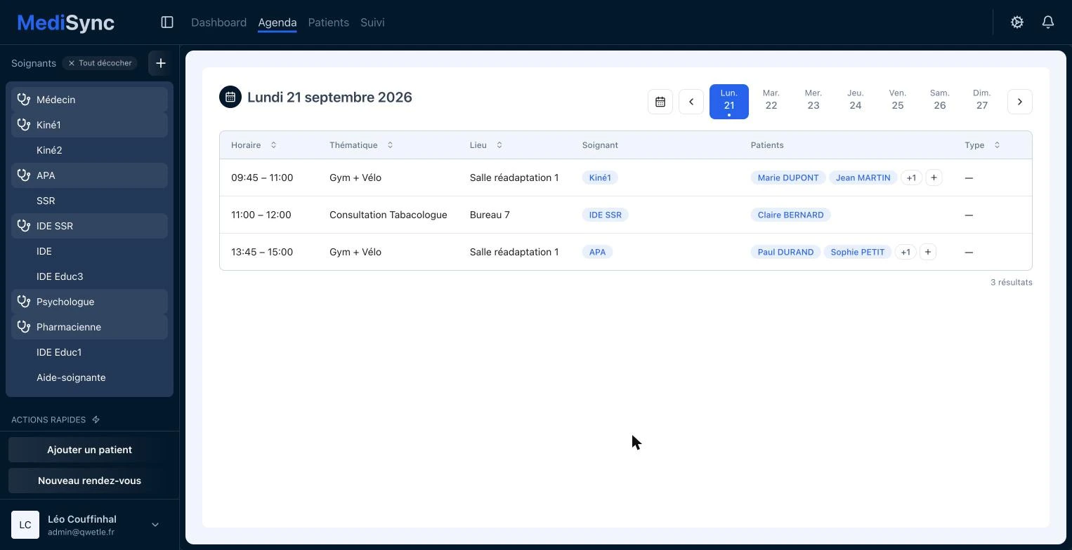Agenda de MediSync, la journée en tableau avec les patients attendus par séance