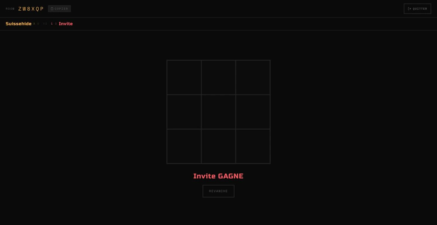 Fin de partie de Tic-Tac-Toe, score et bouton de revanche