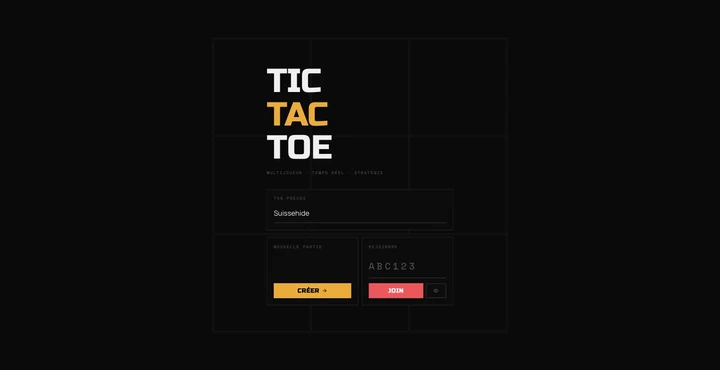 Écran d’accueil de Tic-Tac-Toe, création ou reprise d’un salon