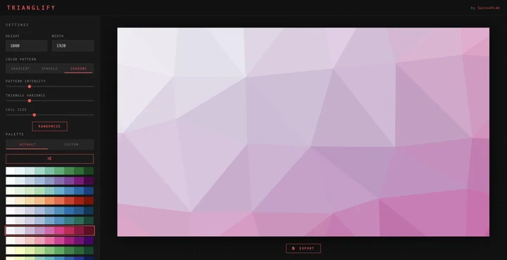 Interface de Trianglify, réglages à gauche et aperçu du motif à droite